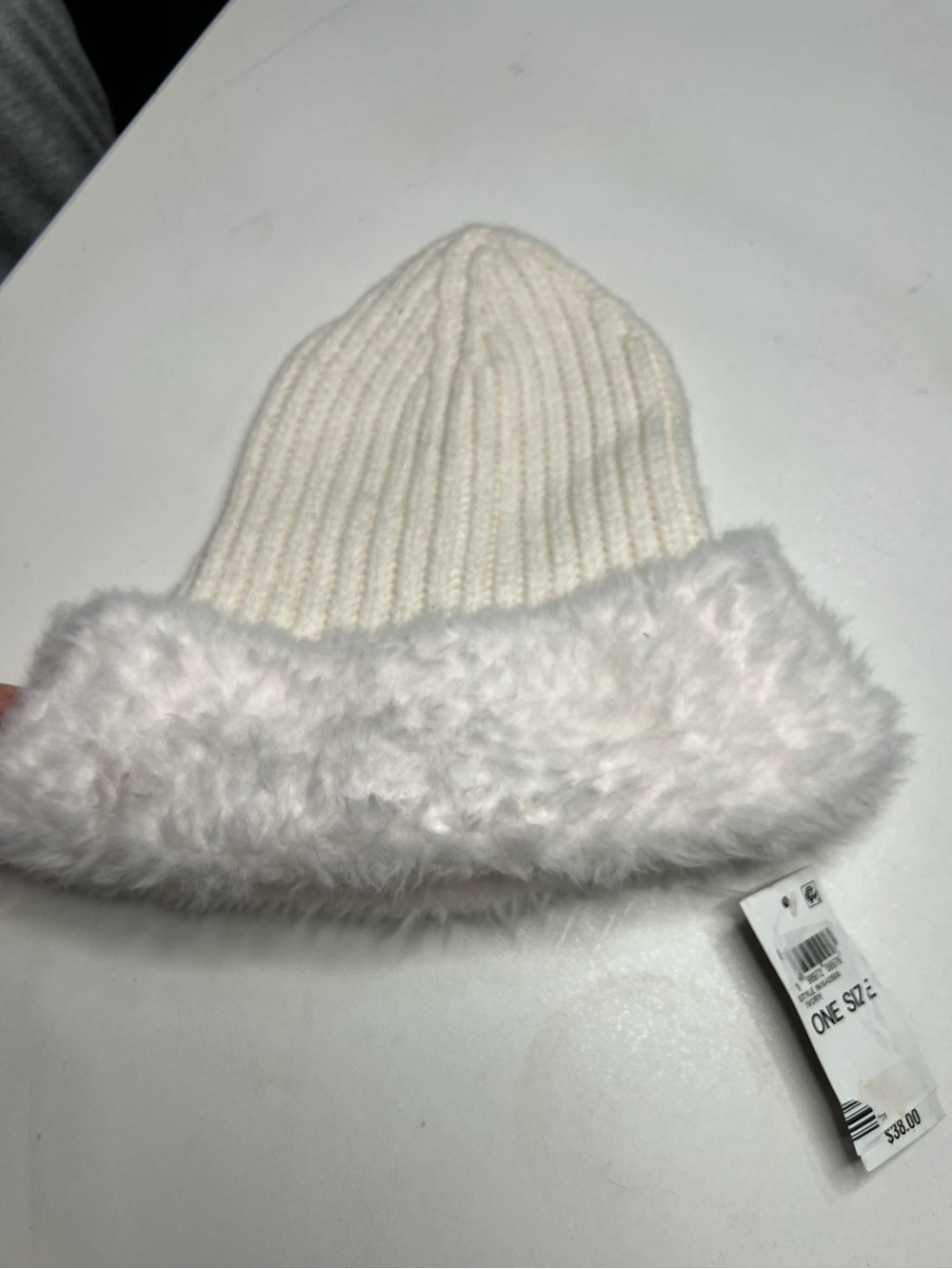 INC International Concepts Cream Knit Beanie with Faux-Fur Cuff
